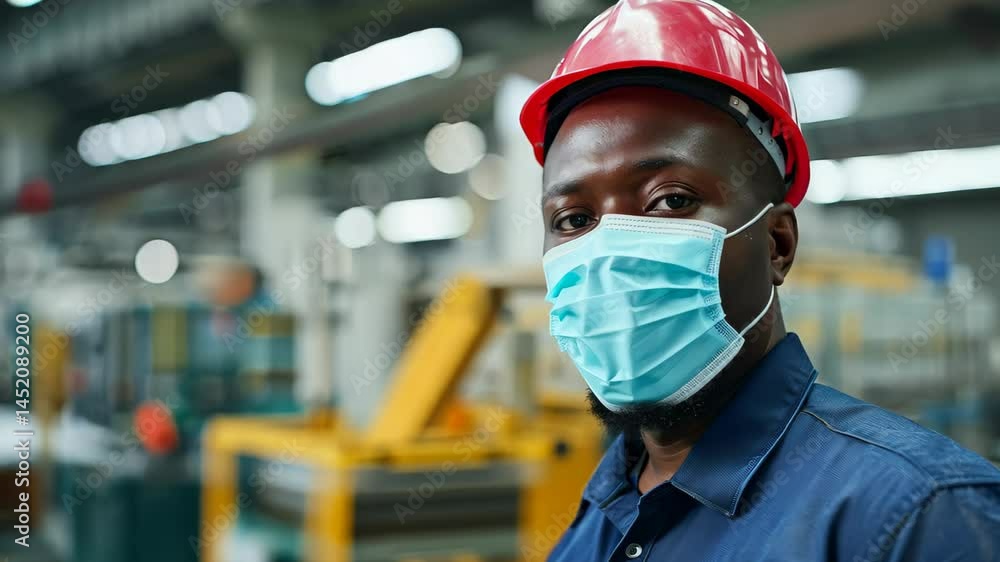 A dedicated worker in a factory setting wears a safety helmet and face mask, ensuring adherence to health protocols and maintaining a safe work environment. A dedicated worker in a factory setting wears a safety helmet and face mask, ensuring adherence to health protocols and maintaining a safe work environment.