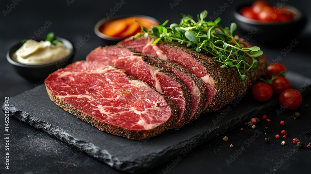 Sliced roast beef on dark slate with sauce and greens food photography. Sliced roast beef on dark slate with sauce and greens food photography.