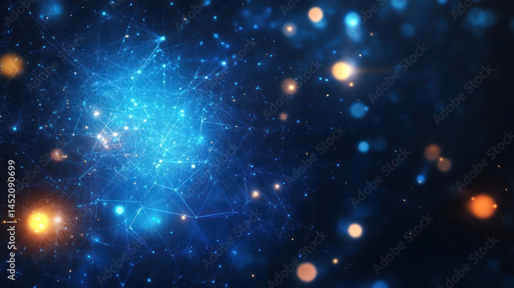 Fototapeta premium Abstract blue network, glowing particles, dark background, technology concept