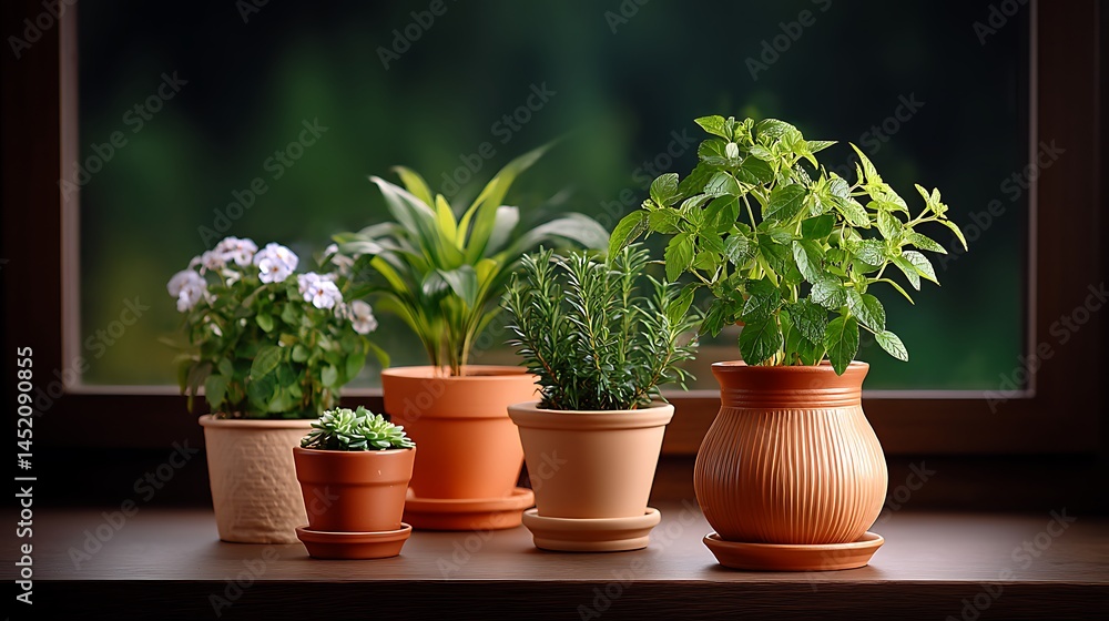 Fototapeta premium Windowsill Herb Garden Basil with Rosemary, and More.