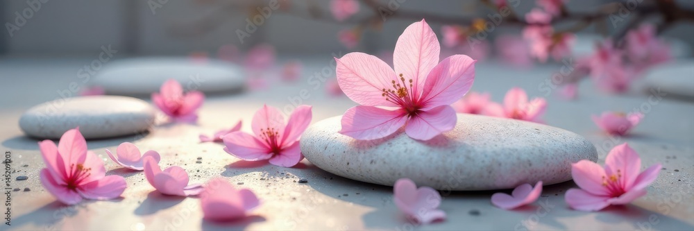 Soft pink sakura petals scattered on a polished stone, nestled amongst smooth white stones Peaceful scene , elegant, balance, calm Soft pink sakura petals scattered on a polished stone, nestled amongst smooth white stones Peaceful scene , elegant, balance, calm
