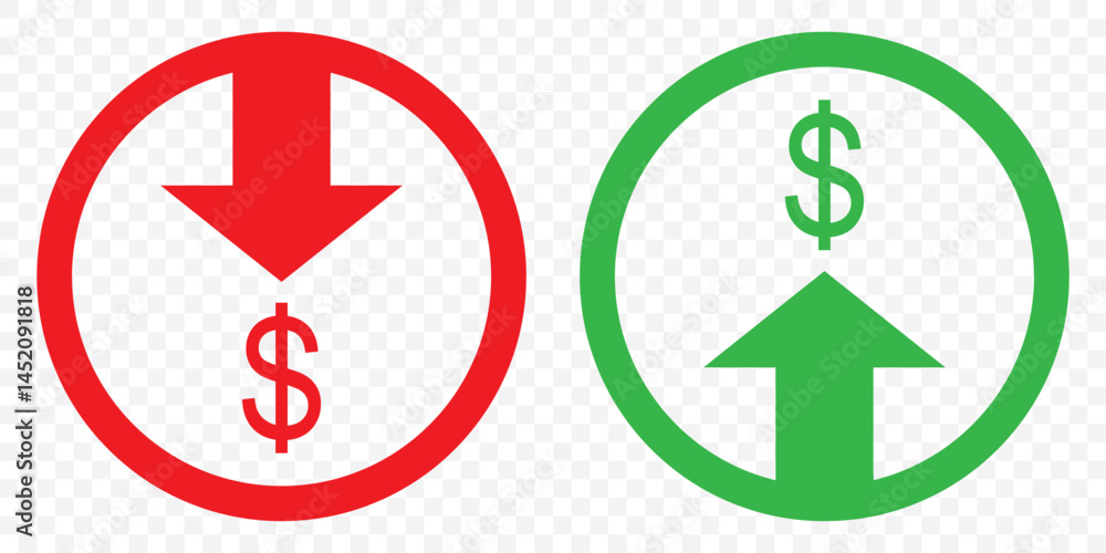Red and Green cost reduction icon vector. dollar decrease sign. profit decrease symbol. cost saving sign. vector illustration on transparent background. EPS 10. Red and Green cost reduction icon vector. dollar decrease sign. profit decrease symbol. cost saving sign. vector illustration on transparent background. EPS 10.
