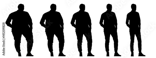 Conceptual fat overweight obese man vs slim fit healthy body after weight loss or diet, white background banner. A  fitness, nutrition or obesity, health care shape illustration vector as silhouettes