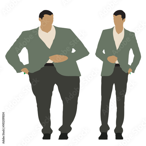 Conceptual fat overweight obese man vs slim fit healthy body after weight loss or diet, white background. A  fitness, nutrition or obesity, health care shape illustration vector as silhouettes