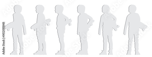 Vector concept conceptual gray paper cut silhouette of a boy holding a skateboard in hands  from different perspectives isolated on white background. A metaphor for fun, playing and childhood