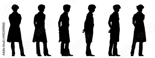 Vector concept or conceptual black silhouette of a male waiter from different perspectives isolated on white background. A metaphor for working, business, relaxation and lifestyle