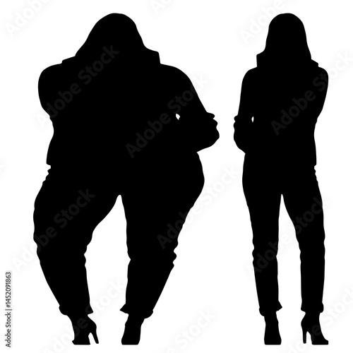 Conceptual fat overweight obese female vs slim fit healthy body after weight loss or diet on white background. A  fitness, nutrition or obesity, health shape illustration vector as silhouettes