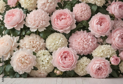 Pastel pink roses, peonies & hydrangeas; vintage floral wall backdrop,  celebration,  delicate blooms