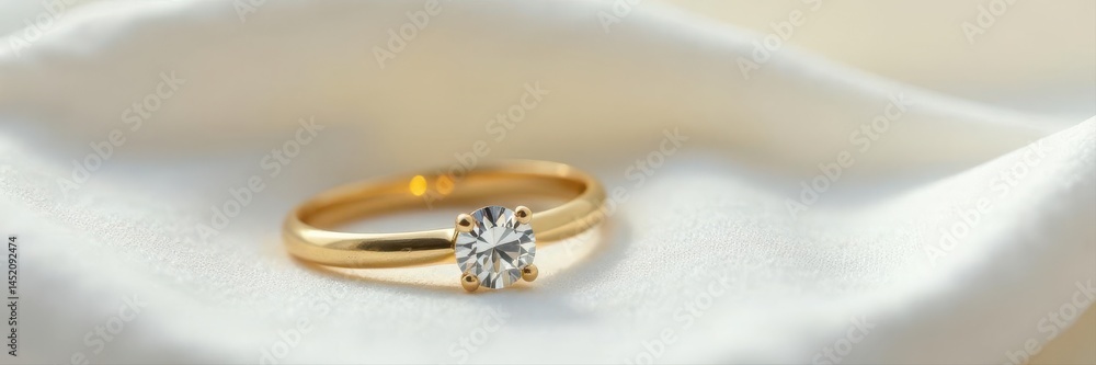 Two golden bands and a solitaire diamond ring rest on soft white fabric Perfect for wedding or engagement announcements , fabric, proposal Two golden bands and a solitaire diamond ring rest on soft white fabric Perfect for wedding or engagement announcements , fabric, proposal