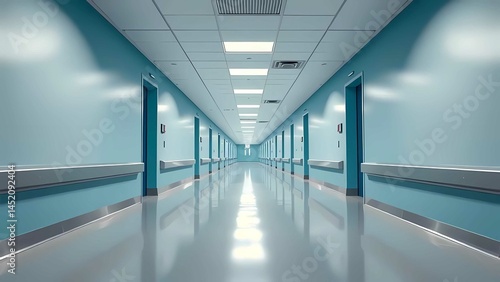 Un pasillo de hospital moderno y limpio con pisos pulidos, paredes azules, iluminación brillante y diseño espacioso