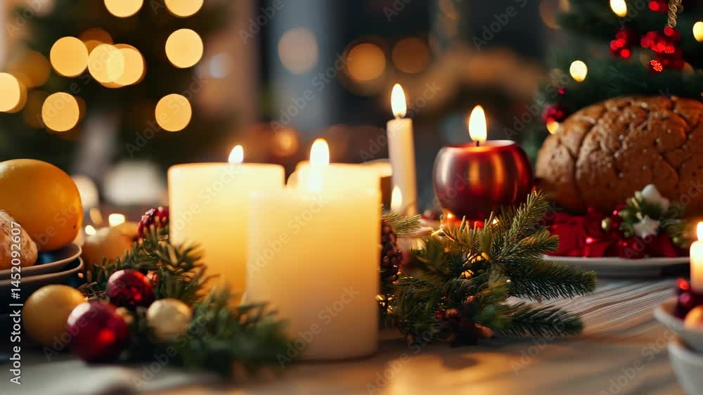 A cozy and inviting table setting featuring glowing candles, fresh bread, and colorful ornaments, creating a warm atmosphere for festive gatherings. A cozy and inviting table setting featuring glowing candles, fresh bread, and colorful ornaments, creating a warm atmosphere for festive gatherings.