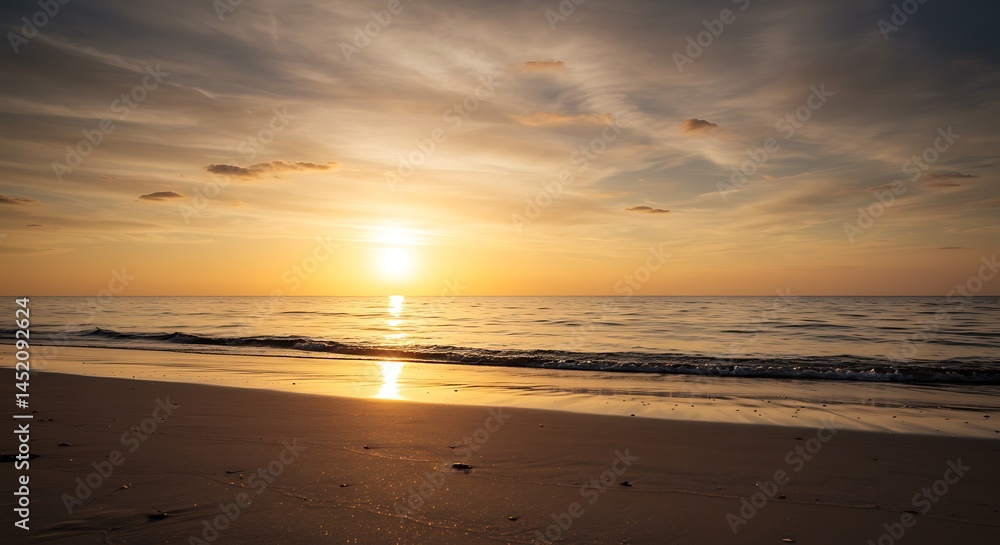 Obraz premium Beach at Golden Hour: Gentle Waves Reflecting Setting Sun, Warmth and Tranquility on Horizon