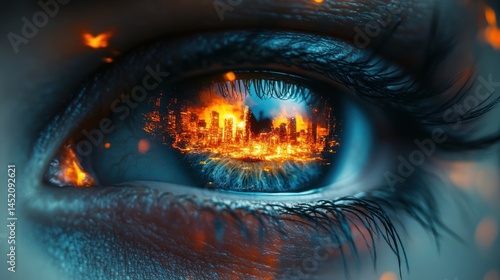 Close-up of an eye reflecting a cityscape with orange and blue colors.