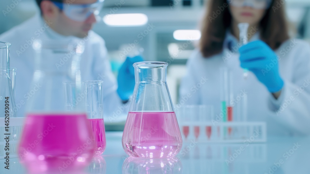 Lab researchers in white coats, diverse scientists examining colorful liquids in beakers, collaborative atmosphere for experiments. Lab researchers in white coats, diverse scientists examining colorful liquids in beakers, collaborative atmosphere for experiments.