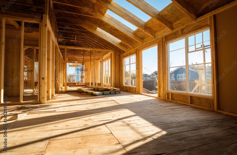 New House Construction, Framing, Walls, and Skylights Shine in Sunlight New House Construction, Framing, Walls, and Skylights Shine in Sunlight