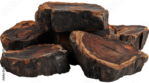 Pile of cross sectioned ebony wood pieces, showcasing the dark grain and natural texture