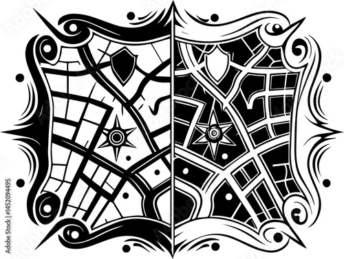 Logistics infrastructure for efficient transport � svg vector style. Abstract Map Design in Black and White with Unique Patterns