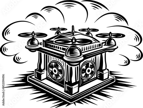 Logistics infrastructure for efficient transport � svg vector style. Vintage Style Illustration of a Flying Drone with Propellers