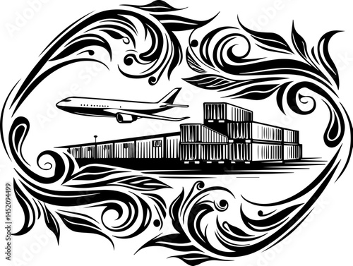 Logistics infrastructure for efficient transport � svg vector style. Airplane Flying Over Shipping Containers in Decorative Frame Design