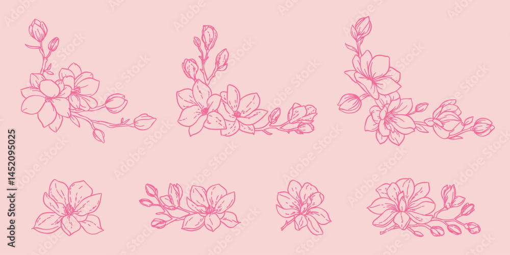 linear lflowers to create a floral frame on a pink background linear lflowers to create a floral frame on a pink background