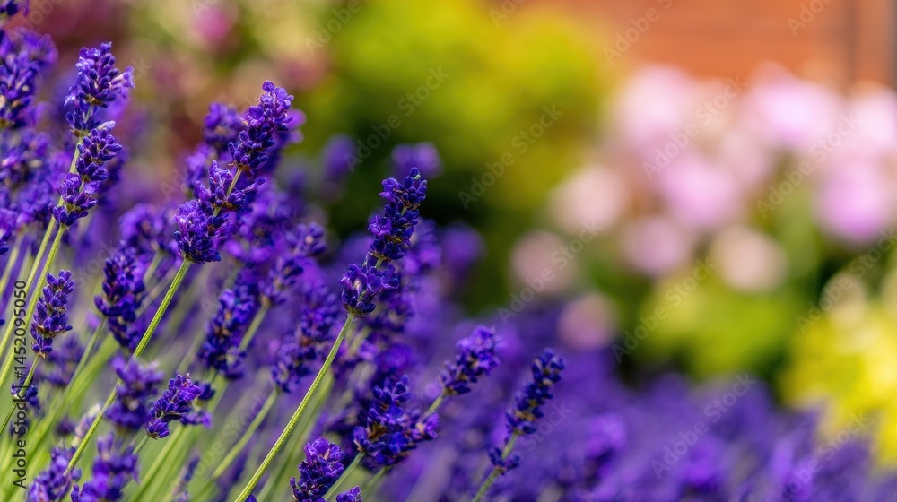 Fototapeta premium Vibrant lavender flowers in a garden setting with colorful blooms in the background