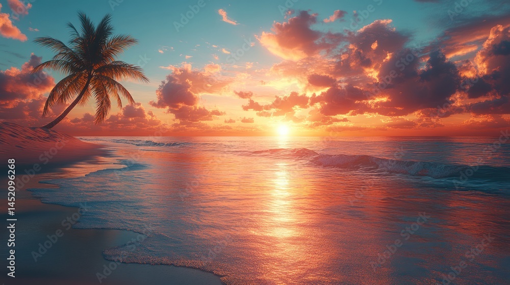 Tropical beach sunset with palm tree and colorful sky reflecting in water. Tropical beach sunset with palm tree and colorful sky reflecting in water.