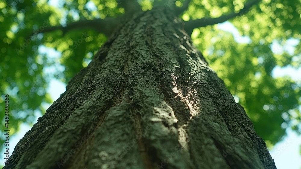 Fototapeta premium Upward view of a large tree trunk, textured bark, lush green canopy