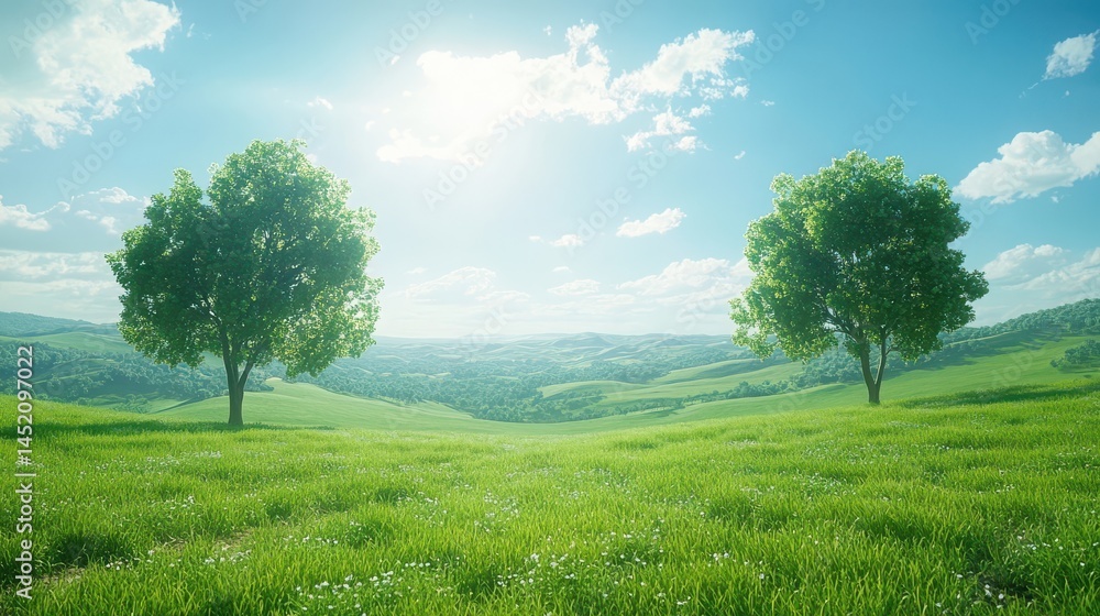 Two Green Trees on a Hilltop Overlooking a Sunny Valley Two Green Trees on a Hilltop Overlooking a Sunny Valley