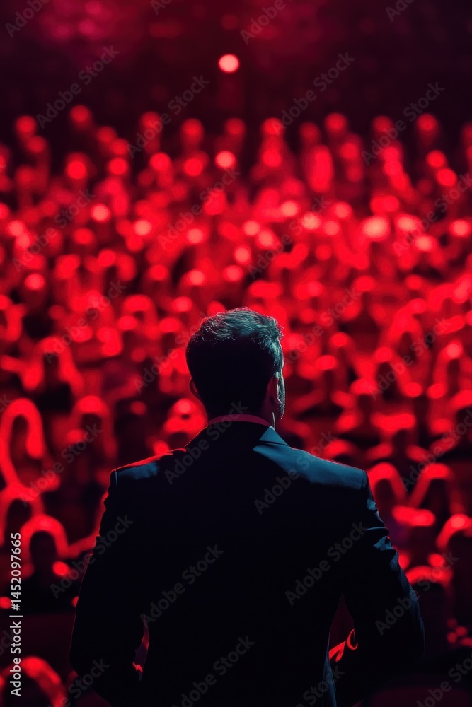 Speaker in front of audience under red light Speaker in front of audience under red light