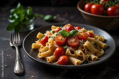 Delicious Pasta Dish With Cherry Tomatoes and Fresh Basil Garnish