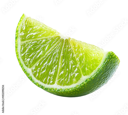 Fresh lime wedge displaying vibrant green color and textured surface ideal for cocktails, garnishes, and culinary uses