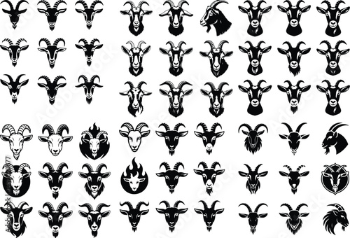 Goat Head Silhouette Set | Farm Animal Icon Bundle Goat Face Vector Icons | Horned Goat Head Silhouettes