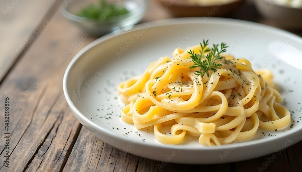 Creamy fettuccine Alfredo in a white plate, realistic style isolated on wooden dark background, with copy-space Creamy fettuccine Alfredo in a white plate, realistic style isolated on wooden dark background, with copy-space