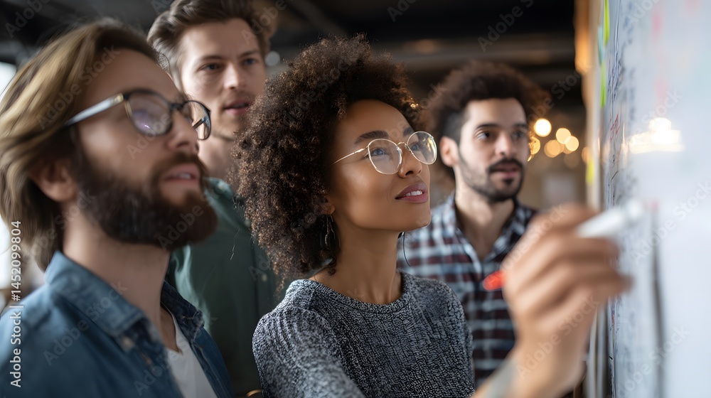 A group of people are looking at a white board with a drawing of a man and a woman A group of people are looking at a white board with a drawing of a man and a woman