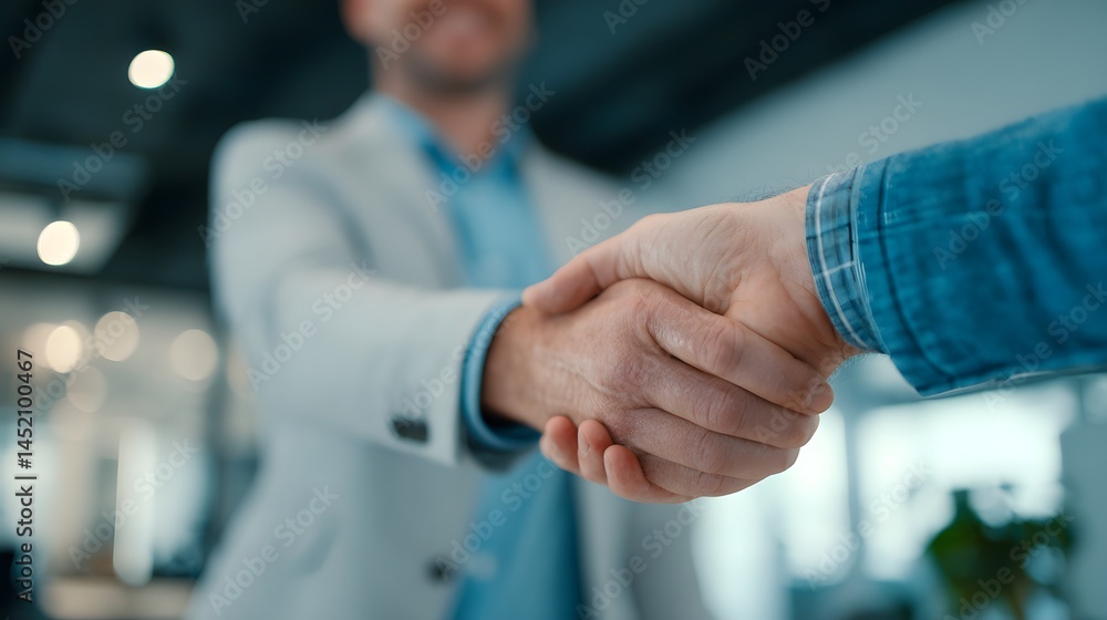 Fototapeta premium Two men shake hands in a business setting. The man on the left is wearing a suit and tie