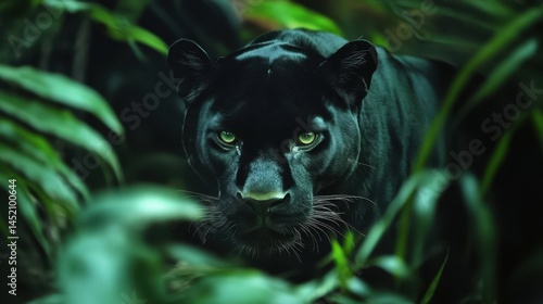 Potret realistis dari Black Panther di tengah dedaunan lebat, menyoroti keanggunan dan kekuatan hewan ini dalam lingkungan yang alami dan tersembunyi.