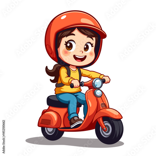 Cheerful girl riding a scooter with no background
