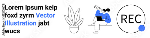 Woman observing with a telescope seated next to a pot plant, record button graphic. Ideal for exploration, research, creativity, nature, observation, media, and education themes flat landing page