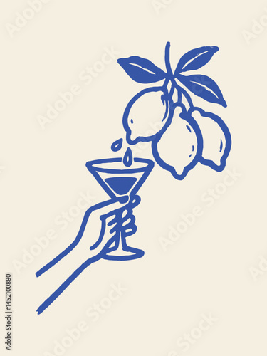 Lemon cocktail hand minimal sketch style

