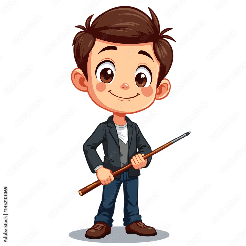 Cartoon boy smiling with a stick in casual clothing Cartoon boy smiling with a stick in casual clothing