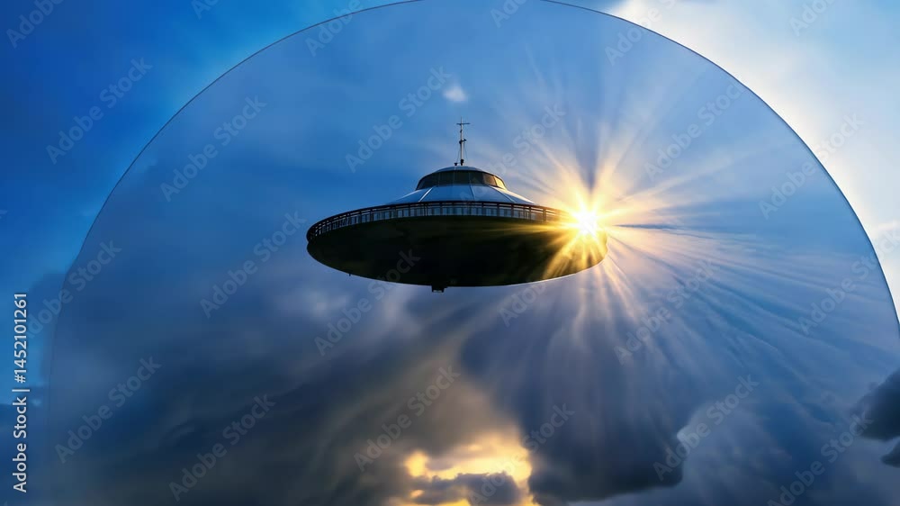 A mesmerizing UFO hovers in a dramatic sky filled with clouds, illuminated by radiant sunlight. This surreal scene evokes a sense of mystery and adventure. A mesmerizing UFO hovers in a dramatic sky filled with clouds, illuminated by radiant sunlight. This surreal scene evokes a sense of mystery and adventure.