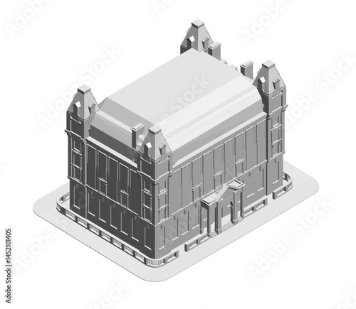 A large building with a lot of windows and a tall roof. The building is white and has a lot of detail. Isometric view. 3D