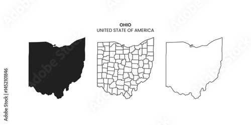 Ohio state map of regions districts vector black on white and outline. High detailed vector map - Ohio. Ohio state isolated on a white background, USA map.