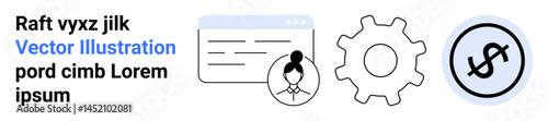 Browser window with user profile, gear for tools or settings, and dollar sign indicating finance or investment. Ideal for business, finance, web tools, optimization, management, user-focused