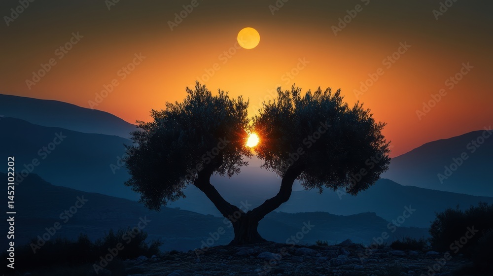 Fototapeta premium Heart-shaped olive trees at sunset, mountain backdrop, serene landscape, romantic scene