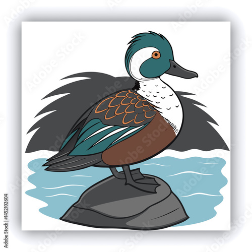 KI generated, animal, animals, bird, birds, biotope, habitat, a, individual, swims, water, reeds, water lilies, blue sky, foraging, wildlife, summer, seasons, northern shoveler (Spatula clypeata), fem