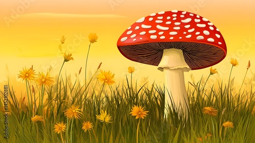 Wallpaper Mural Red Mushroom in Yellow Grass Field Sunset Torontodigital.ca