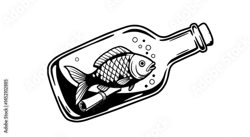 Vintage nautical style illustration of fish trapped in bottle with message in black and white representing confinement or secrets.