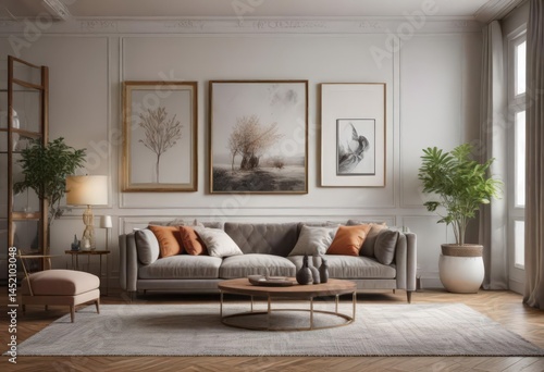 Chic living room, mixed frame shapes and sizes,  home,  sophisticated