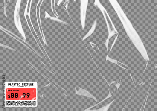 Transparent plastic film texture. Stretchable polyethylene film in A4 size. Plastic stretch cellophane effect with a crumpled and wrinkled texture. Realistic wrapping stretch film. Vector